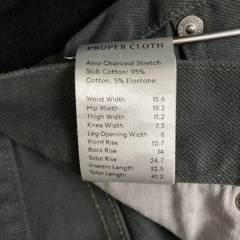 Proper Cloth Aino Charcoal Stretch Mens Custom 5 Pocket Gray Jeans 31x32 Slub